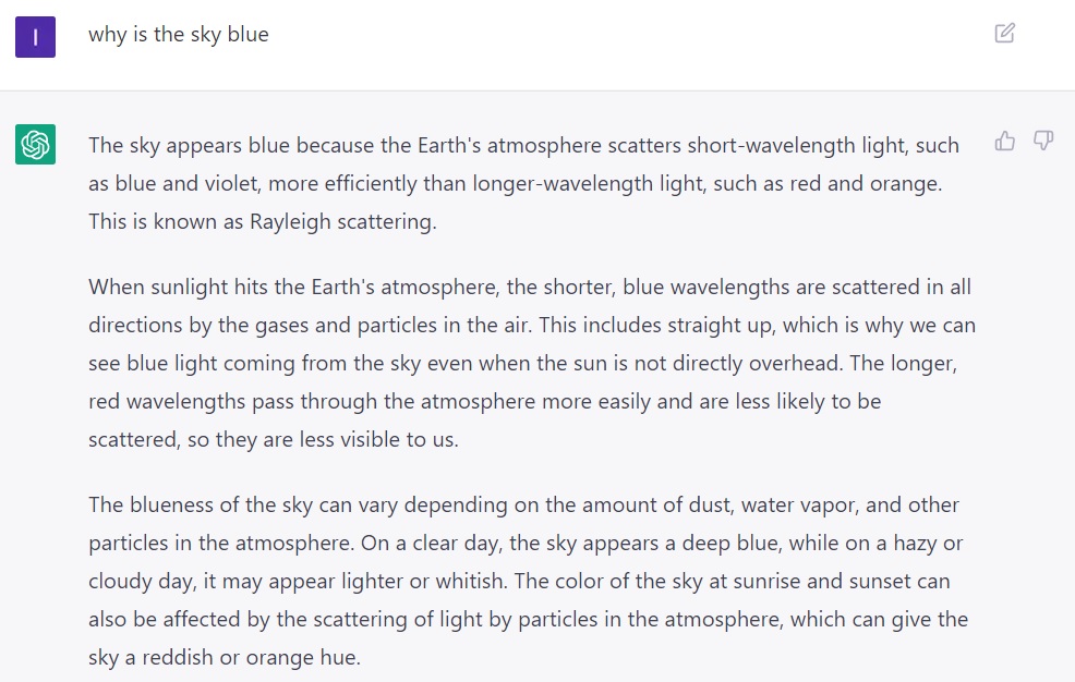 Asking ChatGPT a factual question - why is the sky blue